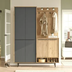 Meuble d'entrée avec rangement - vert sauge et effet chêne JENA