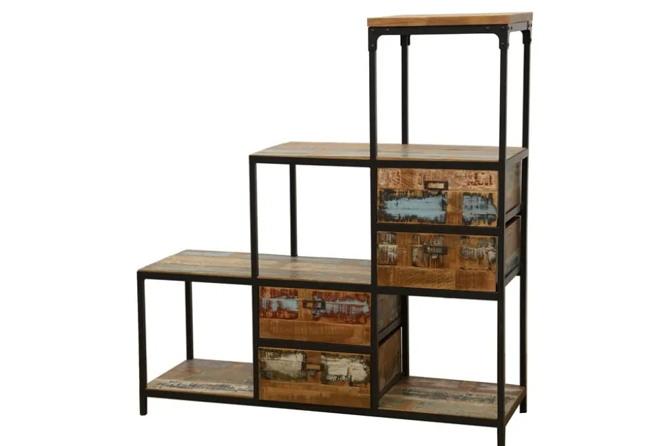 Meuble Escalier Double Faces 4 tiroirs, 4 niches cubes ouvertes en Hévéa recyclé coloré et métal 120x40x128cm LOFT COLORS