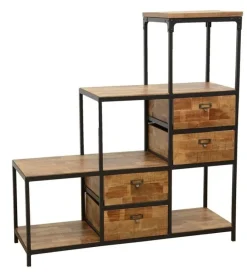 Meuble Escalier Double Faces 4 tiroirs, 4 niches cubes ouvertes en Hévéa recyclé naturel et métal 120x40x128cm LOFT