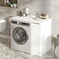 Meuble pour lave-linge 1 tiroir, blanc & bois clair MARFA