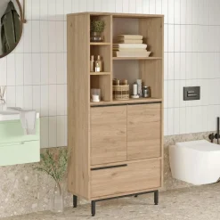 Meuble salle de bains haut avec cannage & effet bois JENA