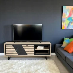 Meuble TV 2 portes chêne blanc décor graphique ESSEN