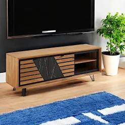 Meuble TV 2 portes chêne blanc décor graphique ESSEN