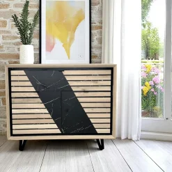 Meuble TV 2 portes chêne blanc décor graphique ESSEN