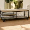 Meuble TV à roulettes double plateaux et étagére intermédiaire en Hévéa recyclé naturel et métal 140x50x52cm LOFT