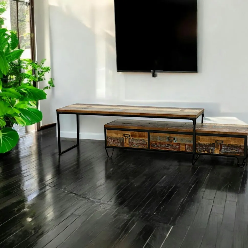 Meuble TV à roulettes en 2 parties, 2 tiroirs, 1 grand plateau en Hévéa recyclé coloré et métal 100x45x50cm LOFT COLORS