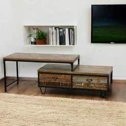 Meuble TV à roulettes en 2 parties, 3 grands plateaux en Hévéa recyclé coloré et métal 120x45x50cm LOFT COLORS