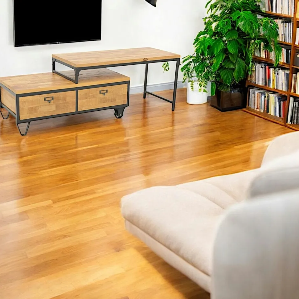 Meuble TV à roulettes en 2 parties, 2 tiroirs, 1 grand plateau en Hévéa recyclé naturel et métal 100x45x50cm LOFT
