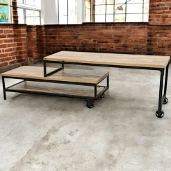 Meuble TV à roulettes en 2 parties, 2 tiroirs, 1 grand plateau en Hévéa recyclé naturel et métal 100x45x50cm LOFT