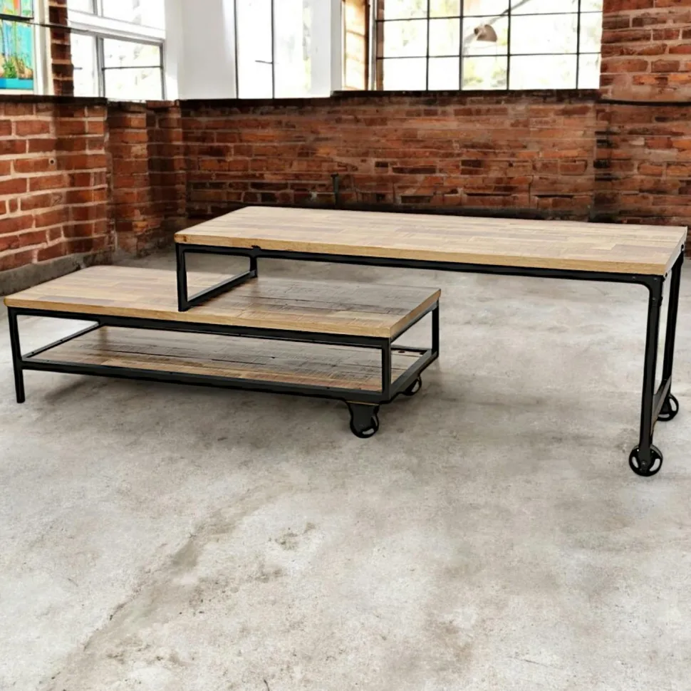 Meuble TV à roulettes en 2 parties, 2 tiroirs, 1 grand plateau en Hévéa recyclé naturel et métal 100x45x50cm LOFT