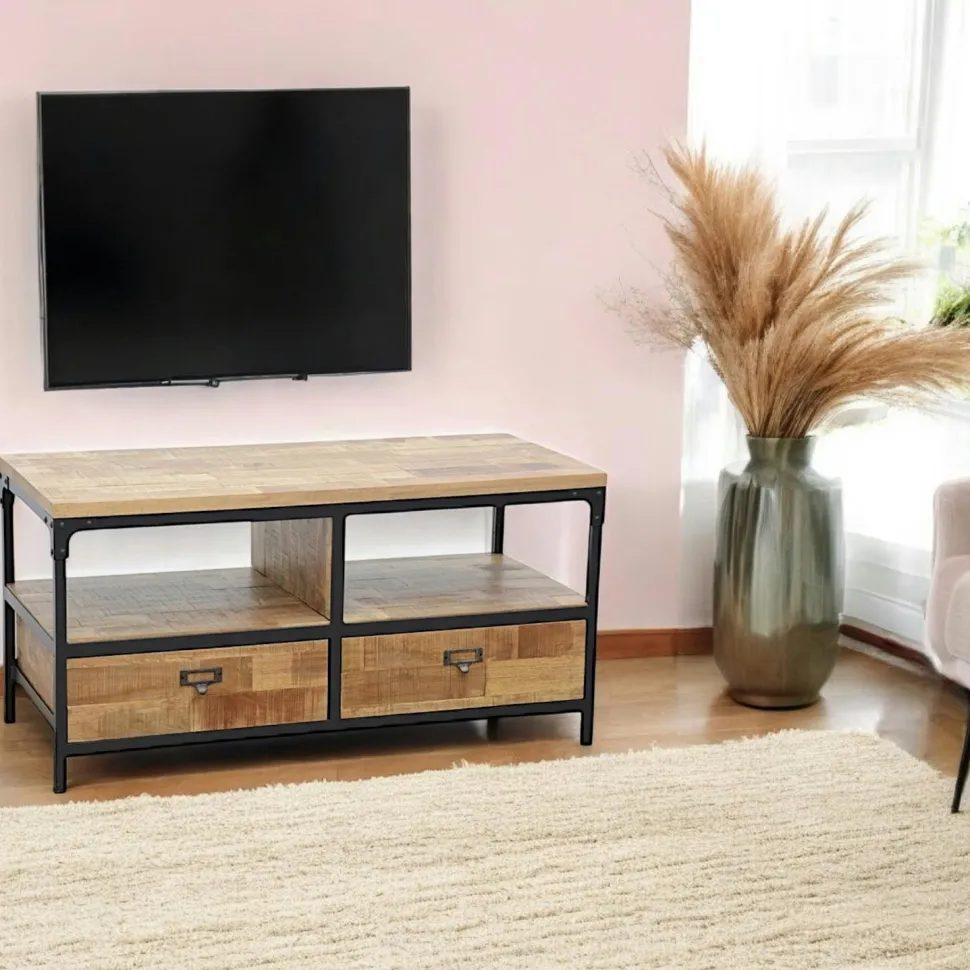 Meuble TV 3 tiroirs, 1 grande niche ouverte en Hévéa recyclé naturel et métal 150x45x50cm LOFT