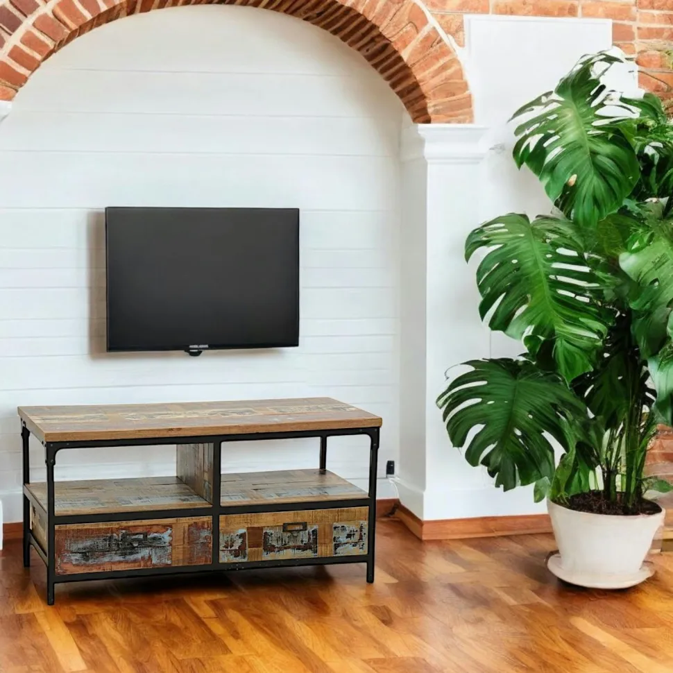Meuble TV 2 tiroirs, 2 niches ouvertes en Hévéa recyclé coloré et métal 100x45x50cm LOFT COLORS