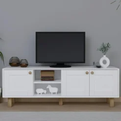 Meuble TV blanc, 3 portes à cadre et 2 niches VAREN
