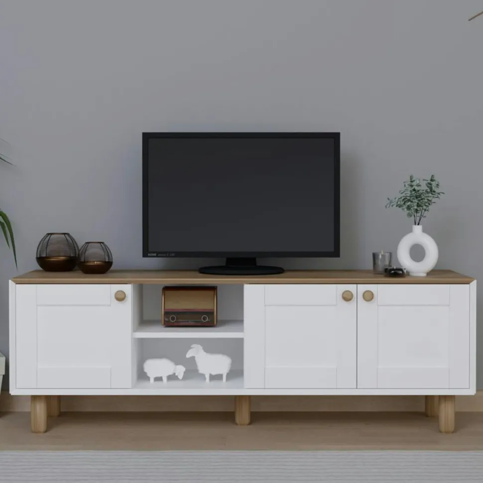 Meuble TV blanc, 3 portes à cadre et 2 niches VAREN
