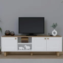 Meuble TV blanc, 3 portes à cadre plateau effet chêne VAREN