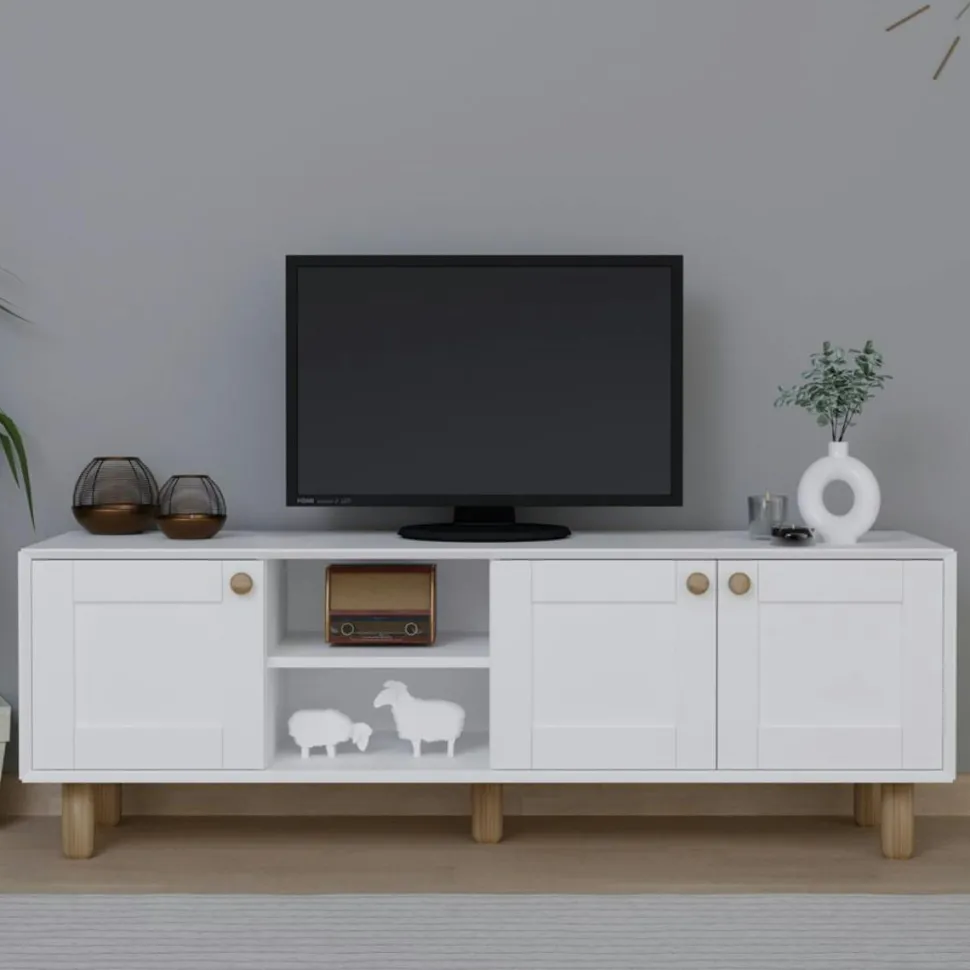 Meuble TV blanc avec cannage, 3 portes VAREN