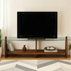 Meuble TV bois brun et verre - 2 niches, vintage ANZIO