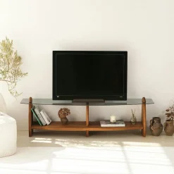 Meuble TV bois brun et verre - 2 niches, vintage ANZIO