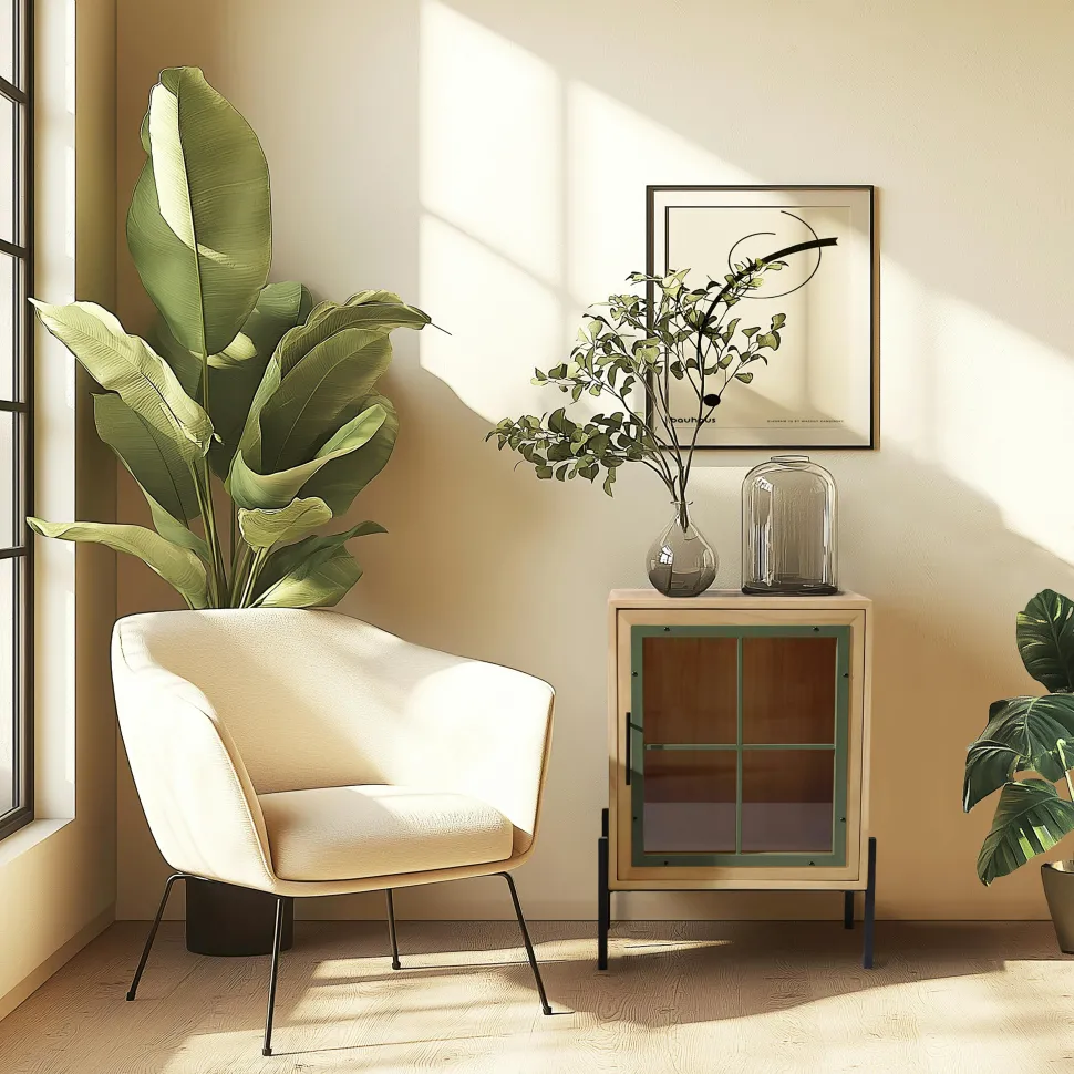 Meuble TV bois clair 4 portes vitrées contour vert BAGAN