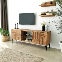 Meuble TV bois clair motif graphique avec 2 étagères LECCE