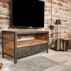 Meuble TV bois recyclé métal 4 tiroirs CARAVELLE