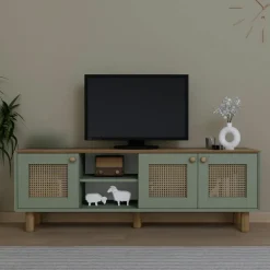 Meuble TV cannage, 3 portes sauge plateau effet chêne VAREN