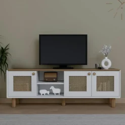 Meuble TV cannage 3 portes blanches plateau effet chêne VAREN