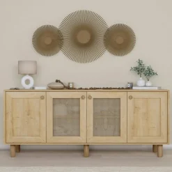 Meuble TV cannage 3 portes blanches plateau effet chêne VAREN