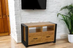 Meuble TV d'angle hévéa recyclé naturel et métal noirci 1 tiroir 1 niche 115X40X55cm DOCKER