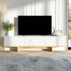 Meuble TV design blanc 3 portes striées et cadre clair MARFA