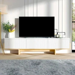 Meuble TV design blanc 3 portes striées et cadre clair MARFA