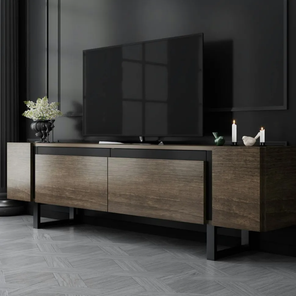 Meuble TV design effet noyer pieds cadres noirs JENA