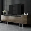Meuble TV design effet noyer pieds cylindres noirs JENA