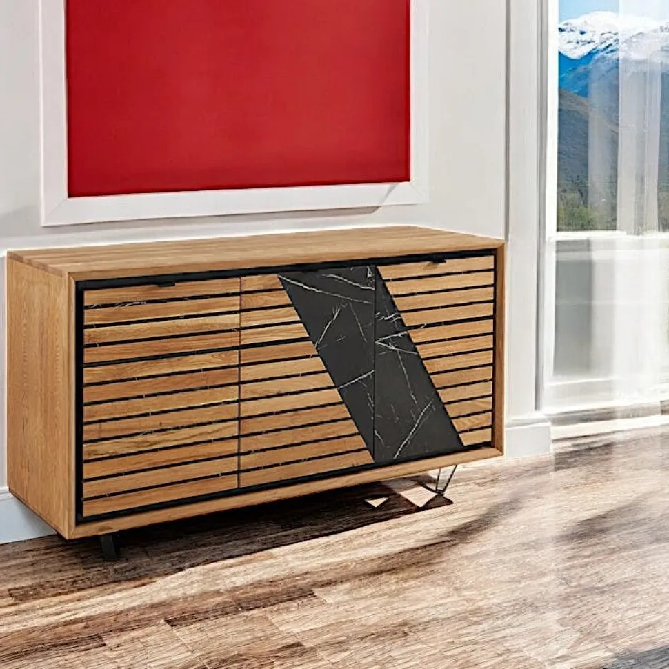 Meuble tv design en bois de chêne finition miel, 3 tiroirs ESSEN