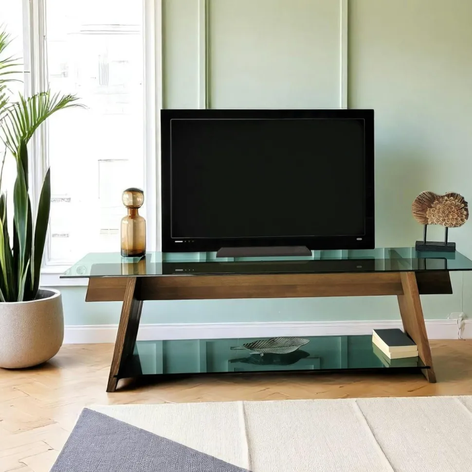 Meuble TV en bois brun et verre lagon - forme trapèze LHASA