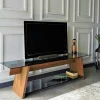 Meuble TV en bois brun et verre fumé - forme trapèze LHASA