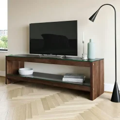 Meuble TV en bois brun et verre - 140 cm LHASA