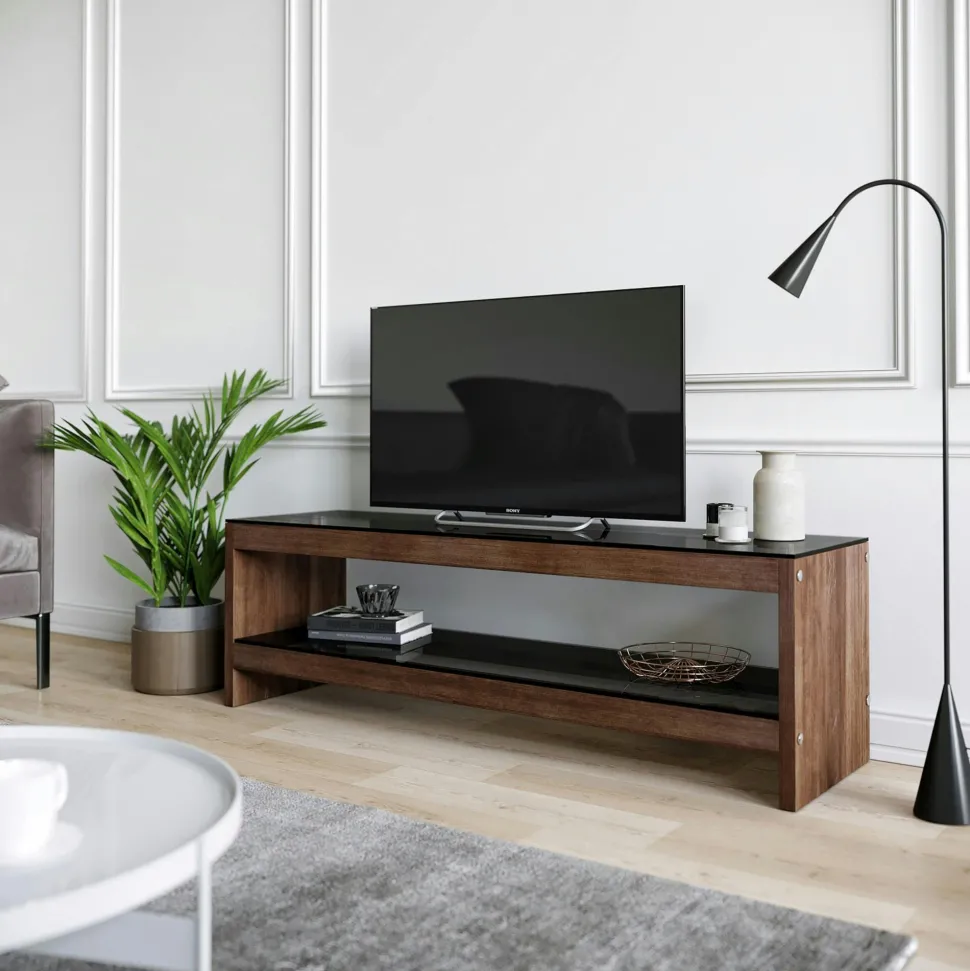 Meuble TV en bois brun et verre fumé - LHASA