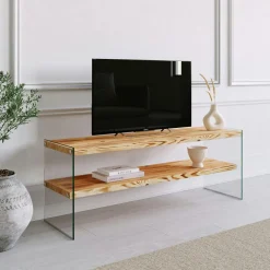 Meuble TV en bois marron et verre - 2 niveaux LHASA