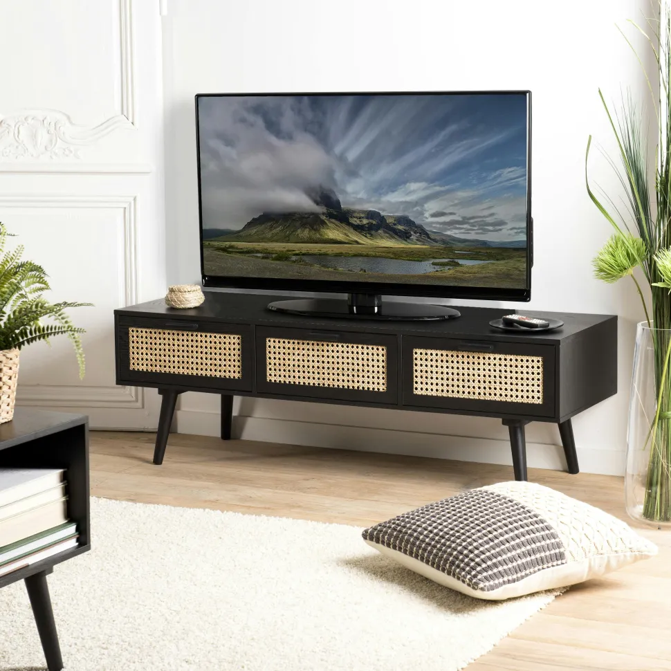 Meuble TV en bois noir avec cannage PALMA 2