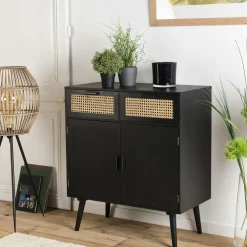 Meuble TV en bois noir avec cannage PALMA 2