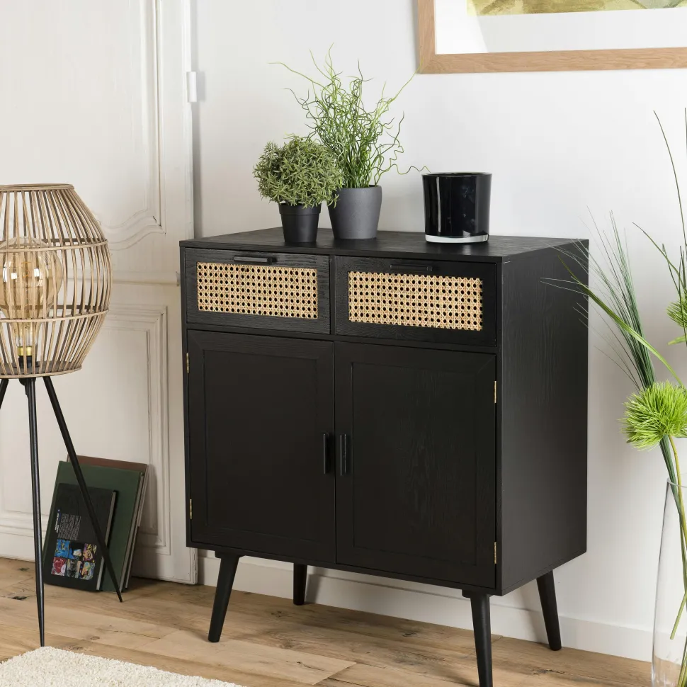 Meuble TV en bois noir avec cannage PALMA 2