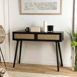 Meuble TV en bois noir avec cannage PALMA 2