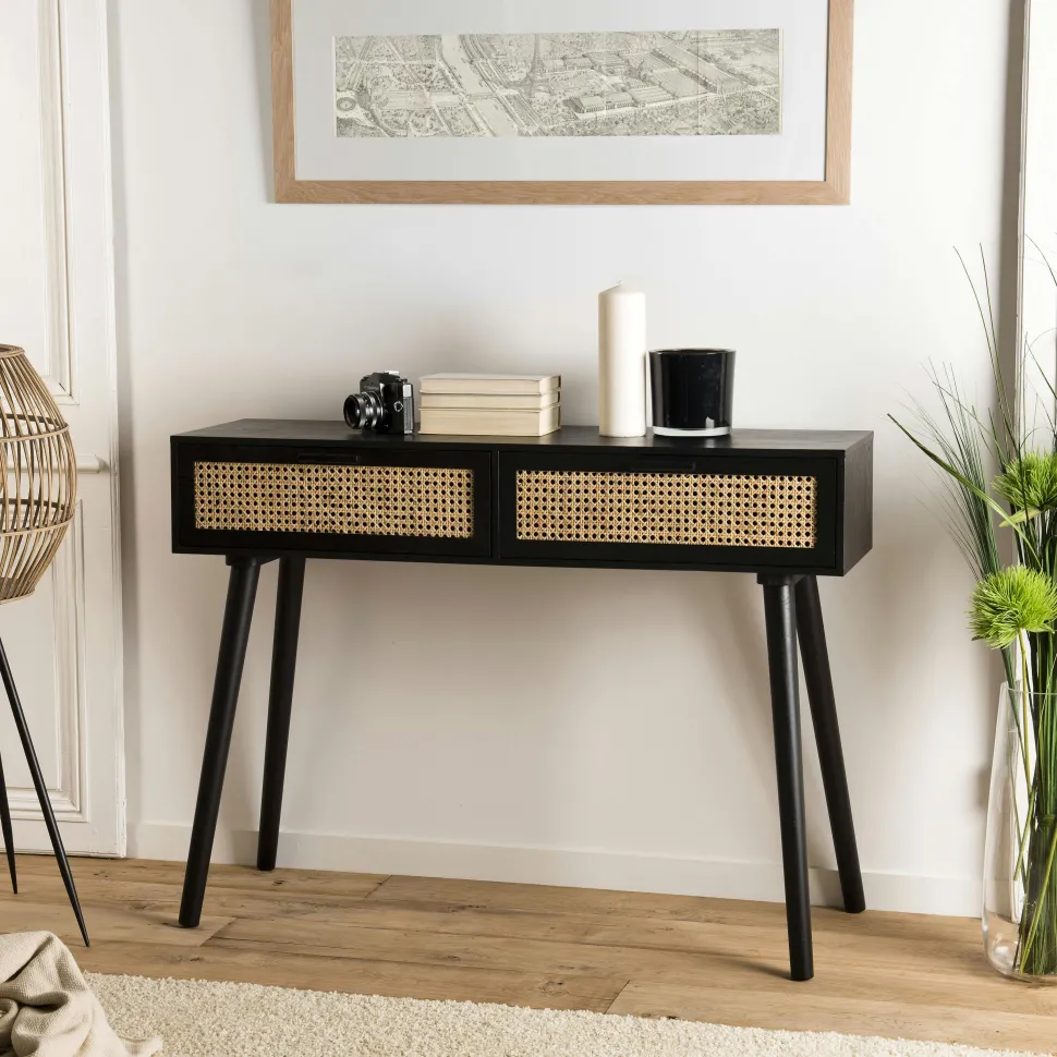 Meuble TV en bois noir avec cannage PALMA 2