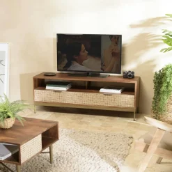 Meuble TV en bois pieds couleur laiton grande niche 2 tiroirs KANHA