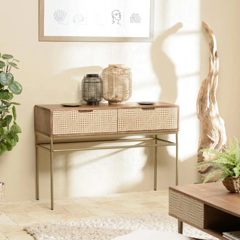 Meuble TV en bois pieds couleur laiton grande niche 2 tiroirs KANHA
