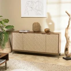 Meuble TV en bois pieds couleur laiton grande niche 2 tiroirs KANHA