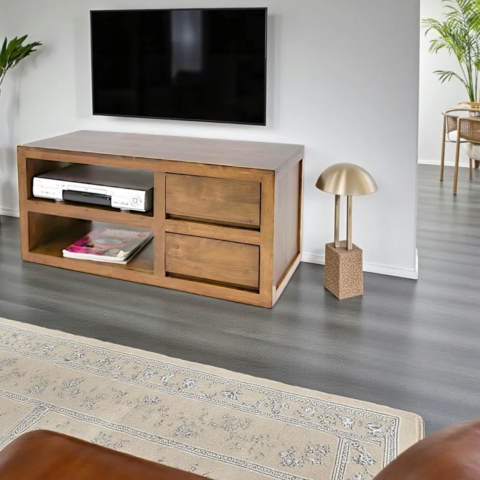 Meuble TV hévéa 2 tiroirs 90cm OLGA