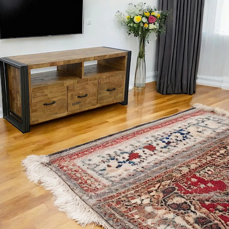 Meuble TV hévéa recyclé naturel et métal noirci 3 tiroirs 2 niches 120X40X55cm DOCKER