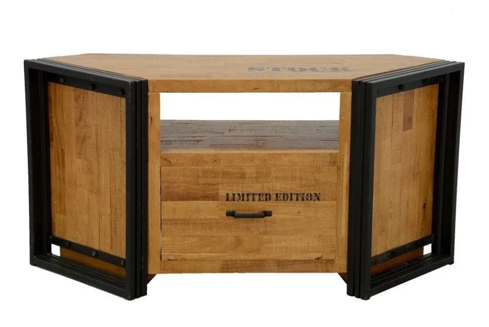 Meuble TV hévéa recyclé naturel et métal noirci 3 tiroirs 2 niches 120X40X55cm DOCKER